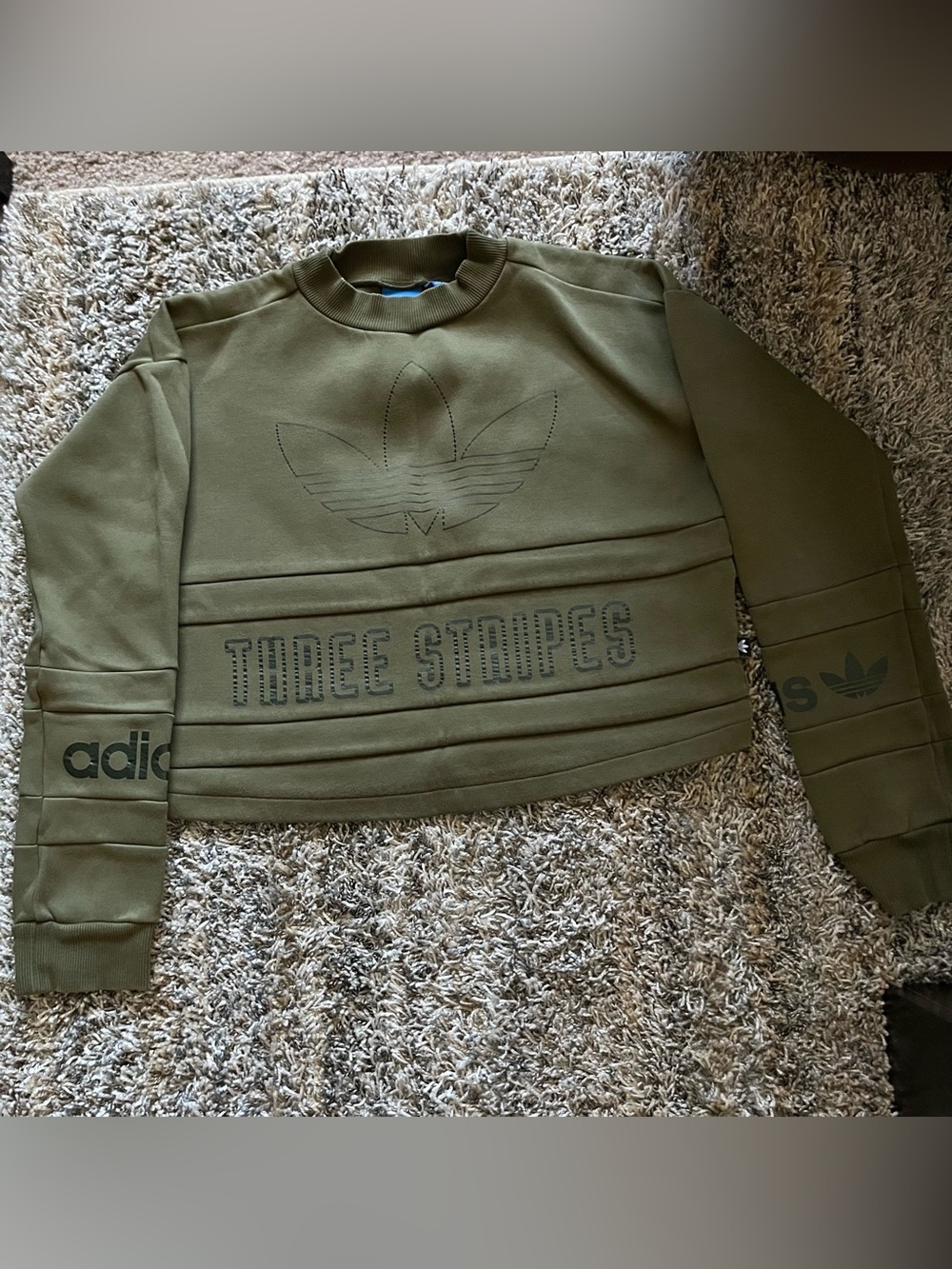 adidas Olive Green Trefoil & Three Stripes Cropped Crewneck Sweater